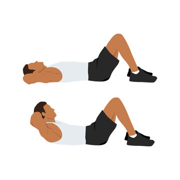 Man doing crunches. Abdominals exercise. Flat vector illustration isolated on white background.Editable file with layers