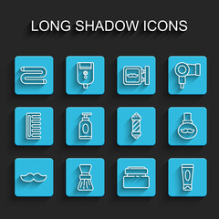 Set line Mustache, Shaving brush, Towel, Cream or lotion cosmetic tube, Beard and mustaches care oil bottle and Classic Barber shop pole icon. Vector
