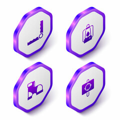 Set Isometric Trap hunting, Camping lantern, Hunter boots and Target sport icon. Purple hexagon button. Vector