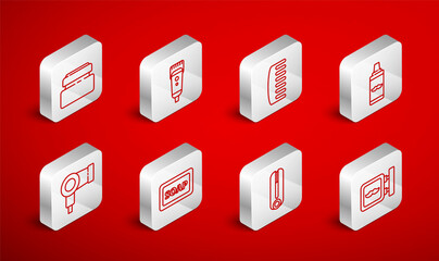 Fototapeta premium Set line Barbershop, Electrical hair clipper or shaver, Hairbrush, Shaving gel foam, Curling iron for, Cream lotion cosmetic tube, of soap with and dryer icon. Vector