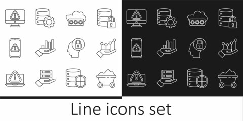 Set line Coal mine trolley, Pie chart infographic, Password protection, Mobile with exclamation mark, Monitor, Human head lock and Server and gear icon. Vector