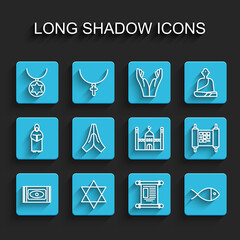 Set line Traditional carpet, Star of David, necklace chain, Decree, paper, parchment, scroll, Christian fish, Hands praying position, and Muslim Mosque icon. Vector