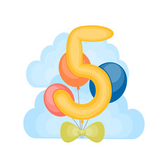 Obraz premium 5 year Birthday party invitation with balloons. Greeting card 5th anniversary celebration template. Vector illustration.