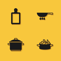 Set Cutting board, Cooking pot, and Frying pan on fire icon with long shadow. Vector