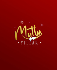 a celebrating card with a turkish text meaning 'happy new year' and snowflakes on a dark red background