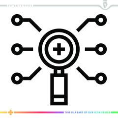The editable line icon of search engine optimization can be used as a customizable black stroke vector illustration.