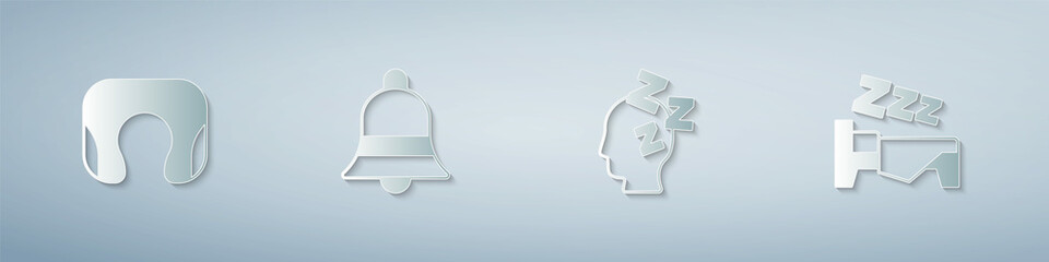 Set Travel neck pillow, Ringing bell, Dreams and Time to sleep. Paper art style. Vector