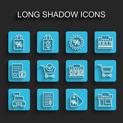 Set line Cash register machine, Paper check and financial check, Shoping bag with percent discount, Discount tag, Shopping building or market store, cart, and open icon. Vector