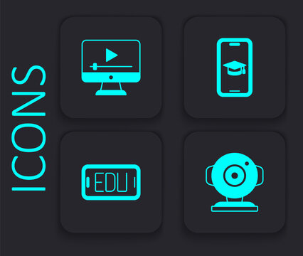 Set Web camera, Online play video, Graduation cap on mobile and education icon. Black square button. Vector