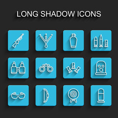 Set line Glasses, Bow, Shotgun, Target sport, Bullet, Binoculars, Balaclava and Cartridges icon. Vector