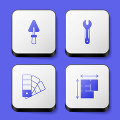Set Trowel, Wrench spanner, Color palette guide and House plan icon. White square button. Vector