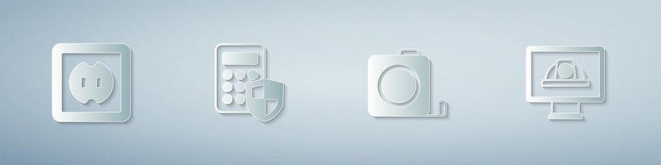 Set Electrical outlet, Security keypad access panel, Roulette construction and Worker safety helmet. Paper art style. Vector