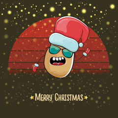 Fototapeta premium vector funky comic cartoon cute smiling Santa Claus potato with red Santa hat and cartoon merry Christmas text isolated on vintage red background with sun. Childrens Christmas card with funny Santa