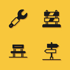 Set Wrench spanner, Road traffic sign, Waiting hall and End of railway tracks icon with long shadow. Vector