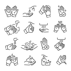 Hands washing flat icon set. Tutorial of hand cleaning pictograms for web. Line stroke. Isolated on white background. Vector eps10. Water stream clean the arms.