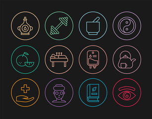 Set line Hypnosis, Teapot with cup, Mortar and pestle, Acupuncture therapy, Citrus fruit, Oil bottle, IV bag and Dumbbell icon. Vector