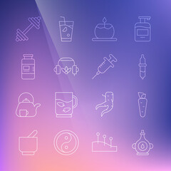 Set line Oil bottle, Carrot, Pipette, Aroma candle, Headphones for meditation, Collagen serum, Dumbbell and Syringe icon. Vector