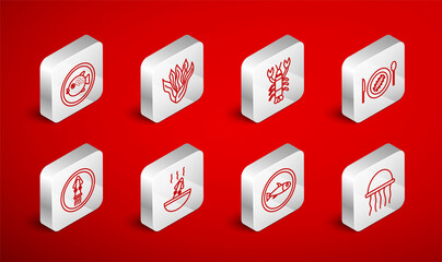 Set line Jellyfish, Seaweed, Lobster, Served cucumber on plate, Puffer, Soup with octopus and Octopus icon. Vector