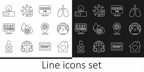 Set line House with heart inside, Earth medical mask, Corona virus on location, Blood test and, Stay home, Wet wipe pack, 2019-nCoV and Positive icon. Vector