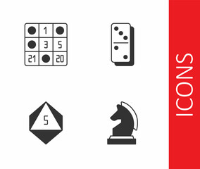 Set Chess, Bingo card, Game dice and Domino icon. Vector
