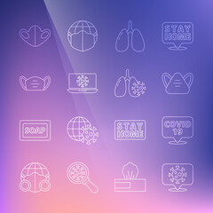 Set line Corona virus on location, Medical protective mask, Lungs, Virus statistics laptop, and cells in lung icon. Vector
