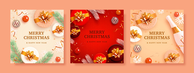 Fototapeta na wymiar Set of square web banner or greeting card with realistic christmas decoration and text space on beige and red background. Festive vertical background. Vector illustration