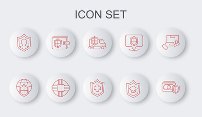 Set line Money with shield, Shield world globe, Car, Graduation cap, Life insurance, Wallet, Lifebuoy and Health icon. Vector