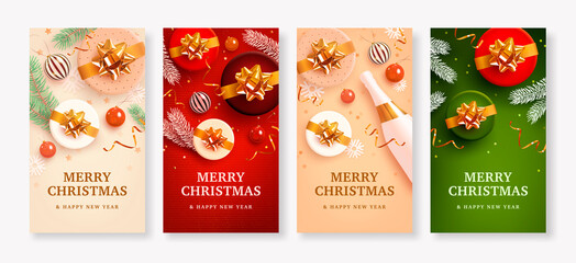 Set of banner, poster, flyer or greeting card with realistic christmas decoration and text space on beige, green and red background. Festive vertical background. Vector illustration