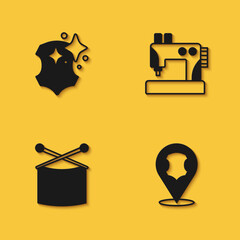 Fototapeta na wymiar Set Leather, Knitting needles and Sewing machine icon with long shadow. Vector