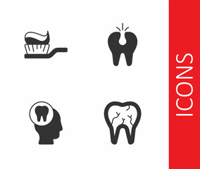 Set Broken tooth, Toothbrush with toothpaste, Toothache and icon. Vector