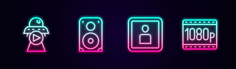 Set line Science fiction, Stereo speaker, Play Video and Full HD 1080p. Glowing neon icon. Vector