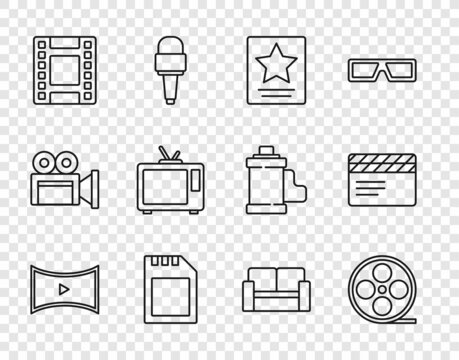 Set line Online play video, Film reel, Hollywood walk of fame star, SD card, Play Video, Retro tv, Cinema chair and Movie clapper icon. Vector
