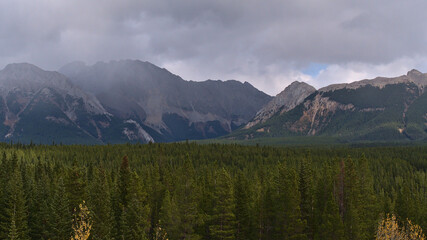 Fototapeta na wymiar Beautiful view over the wild Rocky Mountains of Kananaskis Country in Alberta, Canada on cloudy day in autumn season with dense coniferous forest.