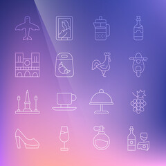 Set line Wine bottle with cheese, Grape fruit, Scooter, French press, Croissant package, Notre Dame, Plane and rooster icon. Vector