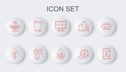 Set line Bio fuel barrel, Tree, Solar energy panel, Lightning bolt, Electric saving plug leaf, Trash can, and Recycle clean aqua icon. Vector