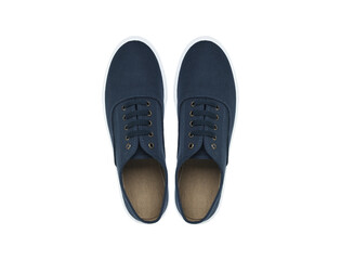 Blue pair of sneakers on a white background. View from above.