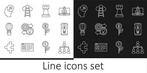 Set line Hierarchy organogram chart, Light bulb with dollar on mobile, Chess, Human resources, Hot air balloon, Head hunting concept, Dollar plant and Stair finish flag icon. Vector