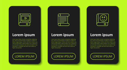 Set line Book about cinema, Decree, parchment, scroll and . Business infographic template. Vector