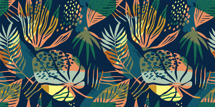 Abstract art seamless pattern with tropical leaves.