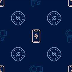 Set line Hair dryer, Lightning bolt and Mobile phone on seamless pattern. Vector