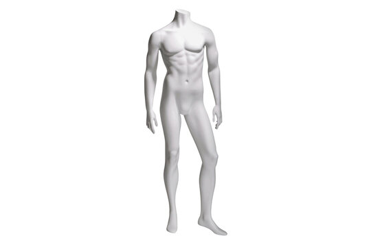 Male white plastic glossy standing mannequin doll for clothes isolated on white background. Human body model. Decor showcases fashion store. Realistic illustration front view.