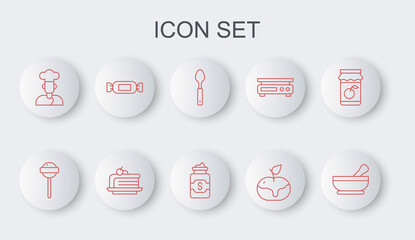 Set line Mortar and pestle, Lollipop, Spoon, Apple in caramel, Cook, Candy, Piece of cake and Jar sugar icon. Vector