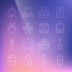 Set line Beer can, Plastic beer bottle, Wooden barrel on rack, Pack of bottles, in ice bucket, brewing process and icon. Vector