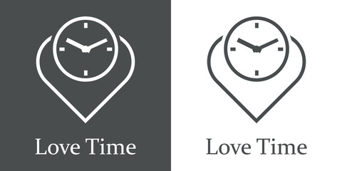 Logotipo con texto Love Time con esfera de reloj simple en interior de corazón con líneas en fondo gris y fondo blanco
