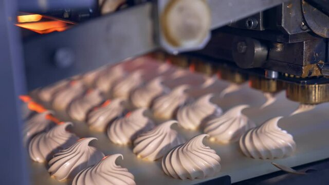 Marshmallow depositing machine making zephyr at confectionery factory. Moving marshmallows along a conveyor line. Marshmallow zephyr production process closeup.