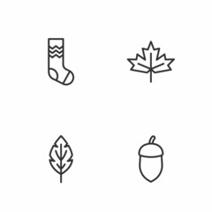 Set line Acorn, Leaf, Socks and Canadian maple leaf icon. Vector