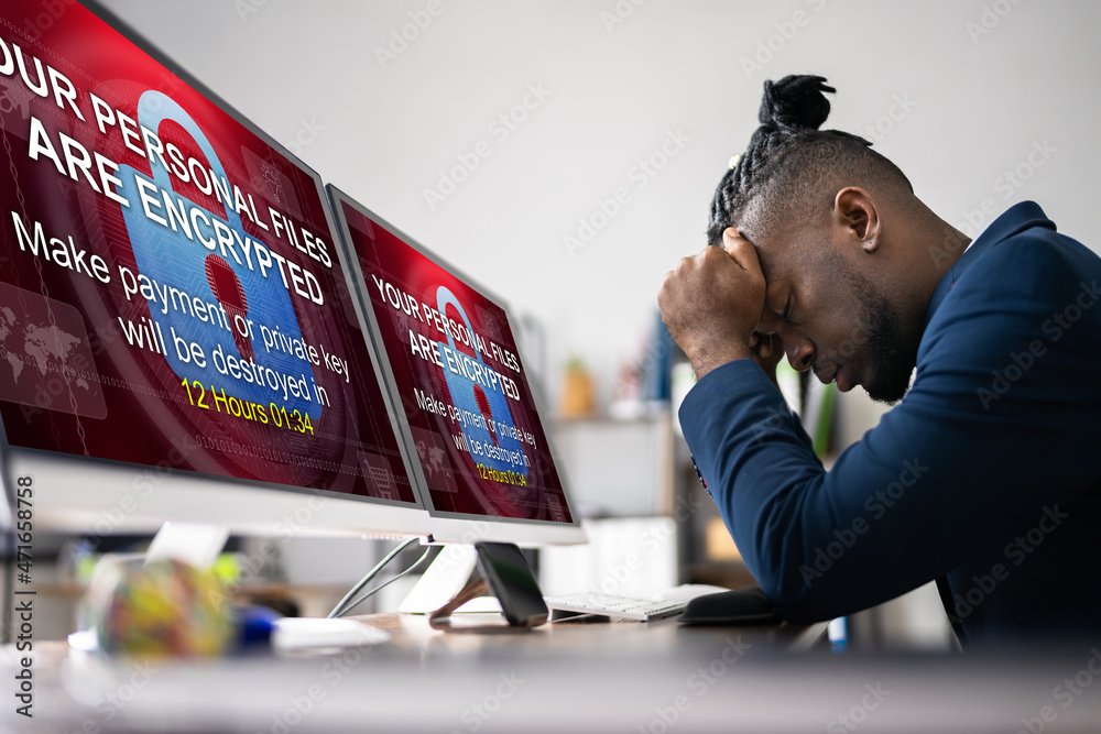 Poster ransomware malware attack. business computer hacked