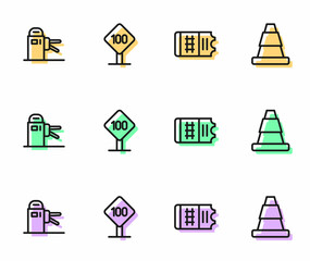 Set line Train ticket, Turnstile, Speed limit traffic sign 100 km and Traffic cone icon. Vector
