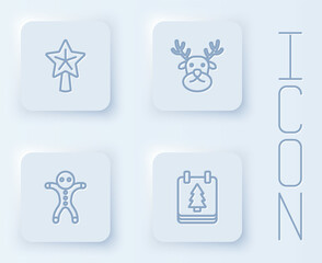 Set line Christmas star, Reindeer, Holiday gingerbread man cookie and calendar. White square button. Vector