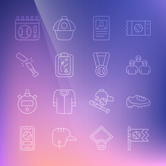 Set line Flag with baseball ball, Baseball boot, Team of players, card, Planning strategy, Broken bat, Calendar game and Medal icon. Vector